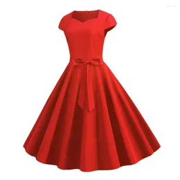 Casual Dresses 1950s Style Dress Retro Princess Midi With V Neck Belted Bow Decor A-line Big Swing Design For Women Festival Outfit