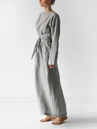 Women's Sleepwear NHKDSASA Women Solid Night Dress Cotton Linen Loose Kimono Long Sleeve Maxi With Belt Casual For Lady Home Wear