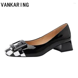 Dress Shoes Basic Fashion Buckle Decoration Mixed Colour Genuine Leather Pumps Women Square Toe Party Woman High Heel