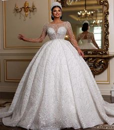 2024 Luxurious Arabic Dubai Wedding Dress Sheer Neck Long Sleeves Beaded Sequins Puffy Bridal Gowns Princess Vestidos De Novias robe de mariee