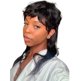 Pixie Cut Wigs Full Machine Made Wig With Bangs Dovetail Brazilian Remy Human Hair Wigs For Women