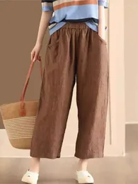 Women's Pants Summer Cotton And Linen Ankle-Length Women Retro Simple Elastic Waist Casual Trousers 2024