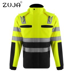 Jackets ZUJA High Visibility Waterproof Softshell Safety Jacket Detachable Hat ANSI Class 3 Reflective Men Women Construction Workwear