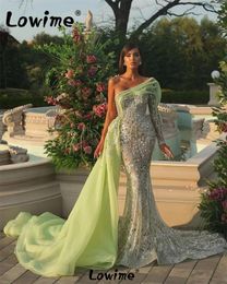 Party Dresses Arabic One Shoulder Long Wedding Dress Green Sequins Beaded Formal Evening Gowns 2024 Ruffles Side Train Prom Robe