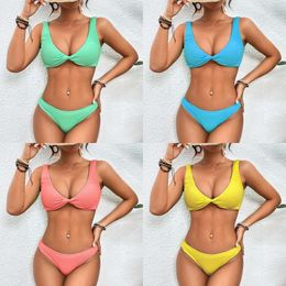 New Twisted Hollow Cross Solid Color Double Shoulder Tank Top Split Sexy Bikini Swimsuit Two Piece Set