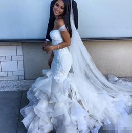 Glamorous Fashion Mermaid Wedding Dresses Tiered Skirts Off the Shoulder Sexy Bridal Gowns Lace Ruffles Pearls7221273