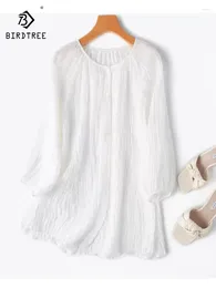 Women's Blouses BirdTree Real Silk Elegant Shirt For Women Lantern Sleeve O Neck Solid Versatile Commute Blouse 2024 Spring T43152QC