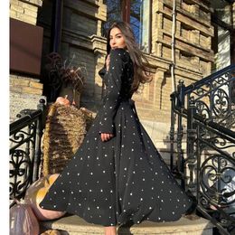 Casual Dresses Fashionable Lace Up Dress Women's Round Neck Waist Chic Printed Maxi Fall Elegant Long Sleeve Pleated Party