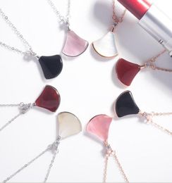 Solid 925 Sterling Silver Fan Shaped Pendant Necklace Black Agate Pink Opal Women Collarbone Necklaces Jewelry5445002