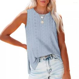 Women's Tanks Women Vest Stretchy Stylish Summer Tank Tops O-neck Sleeveless Mesh Embroidered Loose Fit Eyelet