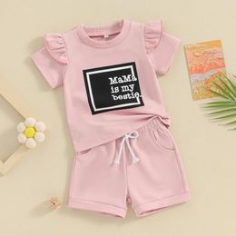 Clothing Sets Fashion Ruffle Short Sleeve Baby Girls Outfits Summer Kids Letter Print T-Shirt Elastic Shorts 2PCS Set Cute Clothes