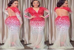 Gorgeous Red Backless Full Rhinestone Evening Dresses Long Sleeves Sheer Sexy Party Gowns V neck Crystal Pageant Prom Gowns1300749