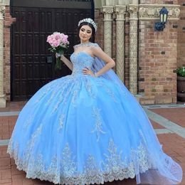 Appliques Beaded Lace Quinceanera Dresses Long Cape Sweetheart Neck Tulle Ball Gown Princess Sweet 16 Dress For Girls Prom Party 2024