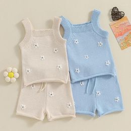 Clothing Sets 0-18Months Baby Girl Summer Outfit Flower Embroidered Camisoles Knit Tank Tops Drawstring Elastic Waist Shorts 2Pcs Clothes