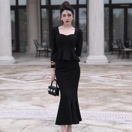Work Dresses French Hepburn Black Dress Square Collar Long Sleeve And Trumpet Midi Autumn Winter For Women 2024