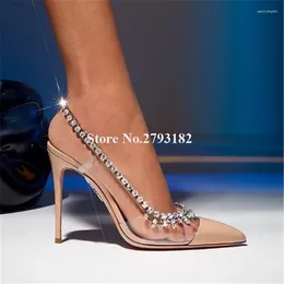 Dress Shoes Brand Design Women Pointed Toe Patchwork PVC Rhinestone Pumps Diamond Cut-out Nude White Silver High Heels Wedding