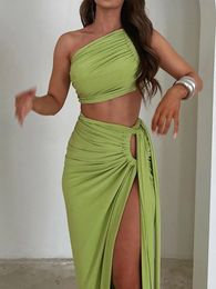 Autumn Winter One Shoulder Bodycon Dress Suits Women Backless Crop Top Split Long Skirt Two Piece Matching Sets Outfits Party 240423