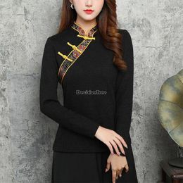 Ethnic Clothing 2024 Chinese National Women Retro Blouse Traditional Tibetan Style Disc Buckle Long Sleeve Stand Collar Top
