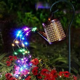 Garden Decorations Metal Lantern Solar Watering Can Light Outdoor Solar Waterfall Lights Waterproof Hanging Light Garden Decor Fairy Art Decorative