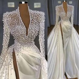 Mermaid Dresses With Pearls Beaded Overskirt High Split Deep V Neck Long Sleeves Satin Ruched Pleats Custom Made Wedding Gown Bes121