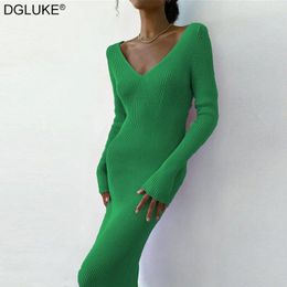 Casual Dresses V-Neck Long Sleeve Knitted For Women Fall Winter Ribbed Bodycon Midi Dress Elegant And Pretty Women's
