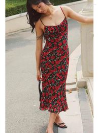 Casual Dresses Rose Red Flower Printed Black Bodycon Summer Dress Women 2024 Beach Boho Maxi Slip Sundress Ruffles Sleeveless Long Floral