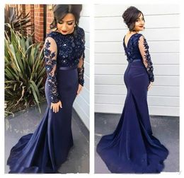 2016 Sexy Satin Mermaid Evening Dresses Crew Neck Illusion Seethrough Sleeve Sweep Train Evening Dresses 3Dappliqu Gowns Party D2740300