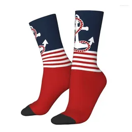 Men's Socks Nautical Stripes And Red Anchor Dress Mens Womens Warm Funny Novelty Sailing Sailor Crew