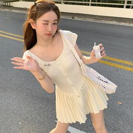 Party Dresses Korean Style Mini Dress For Women 2024Summer Short Sleeves Knitted Sweet Sexy Girl Apricot Pleated Ladies Vestidos