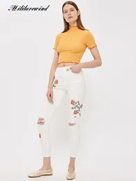 Women's Jeans Women Stretch Ripped Pencil Pants Denim Trousers High Waist Embroidery Flower White Skinny Ankle-length