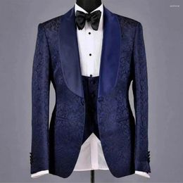 Men's Suits Navy Jacquard Groom Wedding Tailored 3 Pieces Blazer Vest Pants One Button Sheer Satin Lapel Custom Made Plus Size