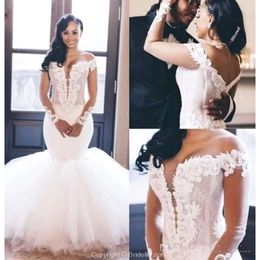 Size Plus 2020 African Modern Wedding Dresses Mermaid V Neck Off The Shoulder Long Sleeve Ruched Ruffles Appliques Bridal Gowns