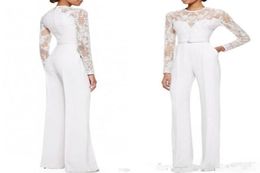 2019 new White Mother Of The Bride Pant Suits Jumpsuit With Long Sleeves Lace Embellished Women Formal Evening Wear Custom Made 205289770