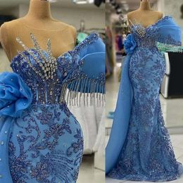 Evening Crystal Tassels Sexy One Gown Shoulder Mermaid Dresses Sequined Lace Sleeveless Prom Dress Formal Custom Made