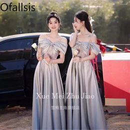 Party Dresses Ofallsis Off Shoulder Bridesmaid Dress Satin 2024 Summer Gentle Style Elegant Grey Fairy Sisters Group Female Vestidos