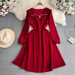 Casual Dresses Women's Korean Style Dress Autumn Vintage Elegant Square Collar Beading Solid Colour A-Line Mid-Length Corduroy