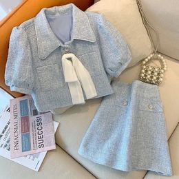 Bow Blue Tweed Cardigan Elegant Crop Top Summer Shirt Beach Outfits for Women Blazers Sets Mini Plaid Skirts Faldas Korean 240417