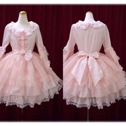 Jewel Dresses Pink Evening Long Lolit Neck Sleeve Cute Prom Bow Appliqued Lace Tired Tulle Chiffon Kneelength Custom Made Party Gown