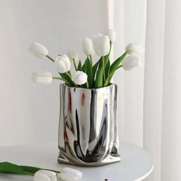 Silver Ruffled Flower Vase Ceramic Vase Porcelain Flower Arrangement Decoration Bag Shape Terrarium Home Decoration Vases Pots 240423