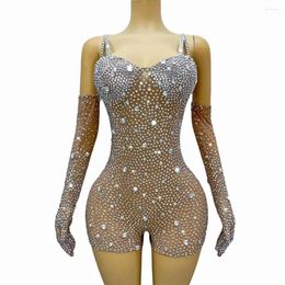 Stage Wear Sexy Silver Rhinestones Crystals Golves Leotard Birthday Celebrate Performance Outfit Evening Dance Team Transparent Costume