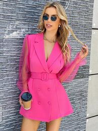 Casual Dresses LiTi Contrast Mesh Sleeve Blazer Dress Women V Neck Office Lady Full Outerwear Double Breasted Sashes