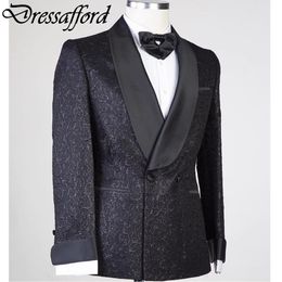 Black 3D Jacquard Weave Men Suits Formal Party Blazer Two Pieces Groom Wear ( Jacket + Pants )