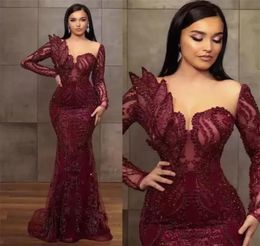 2022 Gorgeous Burgundy Beaded Evening Dresses Mermaid Sheer Neck Prom Dress Long Sleeves Formal Party Second Gowns Arabic Aso Ebi 1812293