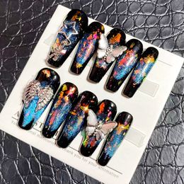 Fashionable beauty model wears nails False Nails Handmade Extra Long Coffin False Nail Tips Acrylic Press On NailsGlittery Rhinestone Reusable Fake With Glue Gift