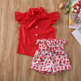 Clothing Sets 1-6years Baby Girl Summer Shorts Set Ruffle Sleeve Bowknot Button Top Watermelon Print Infant Girls 2pcs Outfit