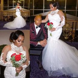 African African Plus 2018 حجم فساتين الزفاف عنق الدانتيل الدانتيل حبات شفافة الأكمام الطويلة Tulle Mermaid Bridal Vestidos de Noiva
