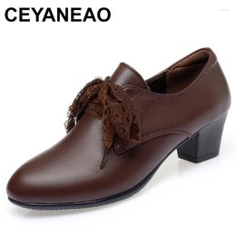 Dress Shoes Spring Lace-up Genuine Leather Women High Heel Elegant Comfortable Casual Work Banquet Dancing