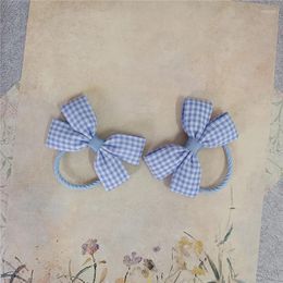 Hair Accessories 2024 Spring/Summer Korean Sweet Baby Children's Little Girl Leather Band Light Blue Plaid Mini Bow Tie Headrope Hairpin