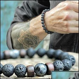 Charm Bracelets Charm Bracelets Natural Lava Rock Stone Beads Strand Bracelet Mem Unisex Wooden Bead Essential Oil Diffuserbracelets F Dhgzb