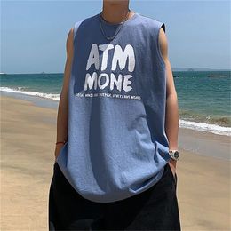 Summer Men Beach Tank Top Letter Print Sleeveless Shirt Cotton Undershirt Korea Fashion Vest Male Casual Holiday Vests Gray 240423